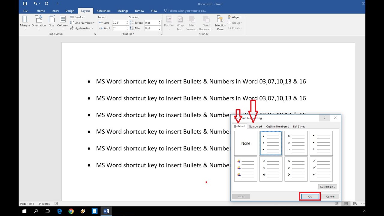 Microsoft word bullet shortcut keys